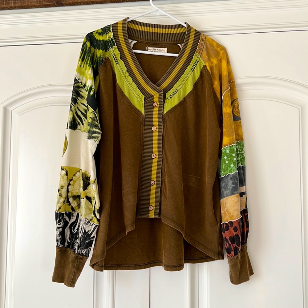 Free People Mixed-Print Button Down Top in Brown, Olive, Yellow